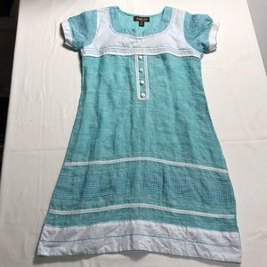 ZOIE Women's Dress Size Medium Aqua Blue White Pullover Linen Blend Boho Chic